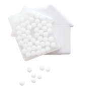 Huis mintdispenser met ca. 8 gr. suikervrije mintjes en ingredienten label TAMPONDRUK Huis mintdispenser met ca. 8 gr. suikervrije mintjes en ingredienten label TAMPONDRUK