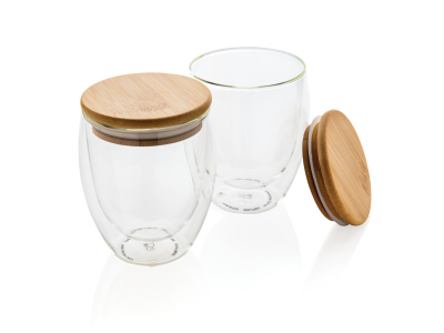 Dubbelwandig borosilicaatglas met bamboe deksel 350ml Dubbelwandig borosilicaatglas met bamboe deksel 350ml