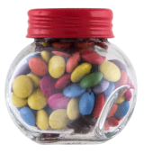 Kleine glazen pot gevuld met ca. 40 gr. choco carletties gekleurd deksel Kleine glazen pot gevuld met ca. 40 gr. choco carletties gekleurd deksel