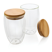 Dubbelwandig borosilicaatglas met bamboe deksel 350ml set Dubbelwandig borosilicaatglas met bamboe deksel 350ml set